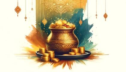 Akshaya tritiya watercolor illustration with a ornate pot with golden coins.