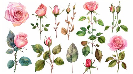 Watercolor Roses and Leaves Botanic Illustration Generative AI