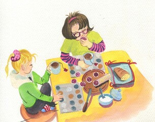 girls eat sausage and drink tea