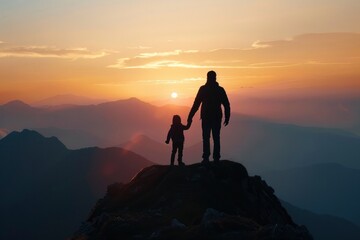 silhouette of man and child holding hands on top of mountain at sunset