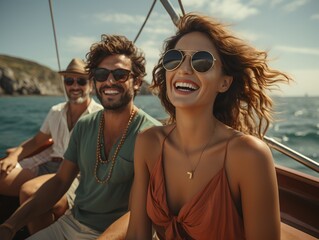 a man and a woman are smiling while riding a boat in the ocean with a man in the background..