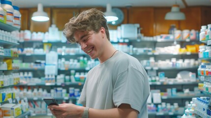 Young Man Texting in Pharmacy
