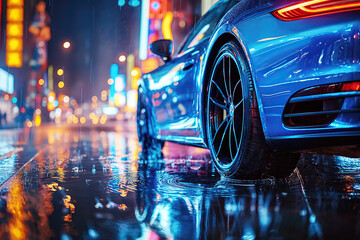 luxury blue car in city on road at night with rain. Back rear wheel on wet slippery asphalt