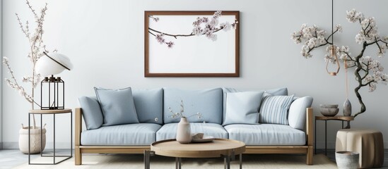 The interior design of the living room is elegant, neat and modern with a sofa and a large frame on the wall