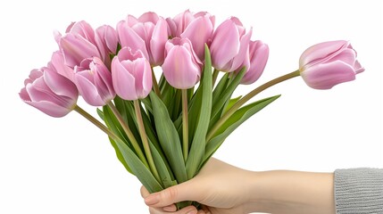 a person holding a bouquet of pink tulips in their hand - obrazy, fototapety, plakaty