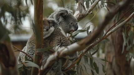 Fototapeta premium Portrait of mother and baby koala in the forest being carried