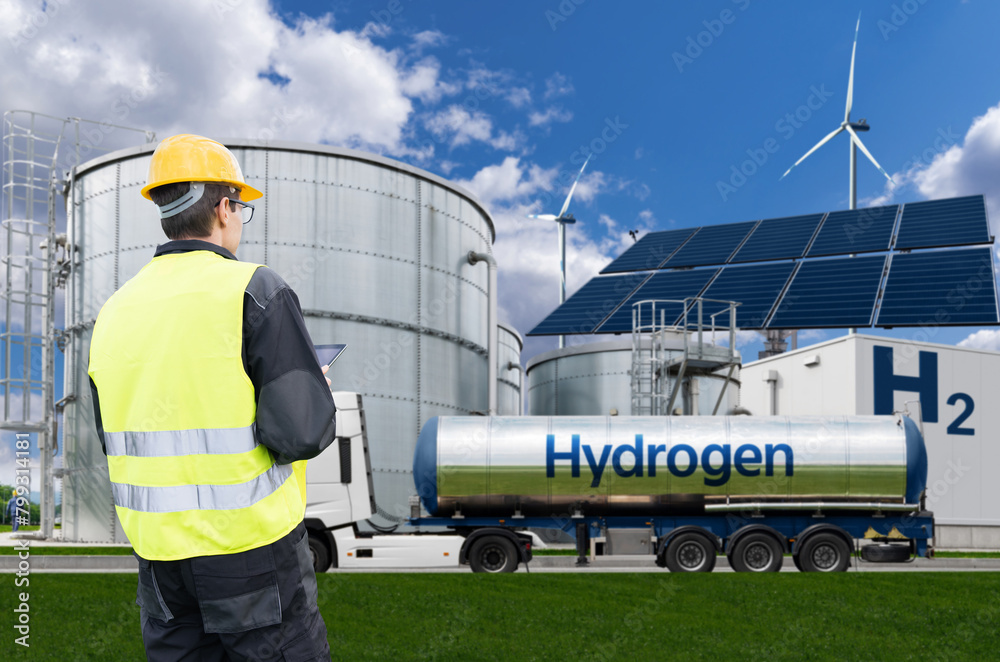 Poster Engineer with tablet computer on a background of Hydrogen factory.
