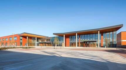 a building with a lot of windows and a lot of concrete in front of it