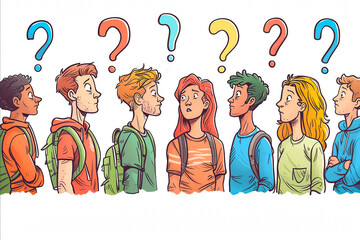 A group of people are standing in a line and looking at a question. The question is about a person who is wearing a backpack - obrazy, fototapety, plakaty
