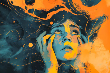 A woman with her hands on her head in a painting. The painting is a mix of blue and orange colors - obrazy, fototapety, plakaty