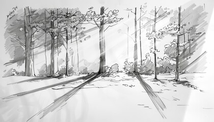 A black and white drawing of trees in a forest with long shadows