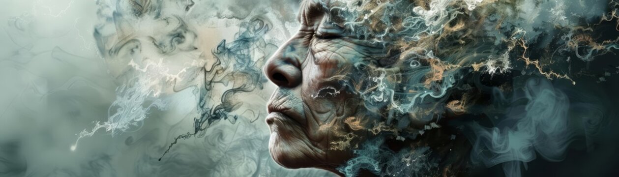 An ethereal portrait of an old woman made of swirling smoke. The face is serene and slightly melancholic. The image is full of mystery and wonder.