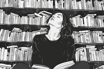 A woman is sitting in a library with a book in her lap. She is relaxed and comfortable in the quiet environment - obrazy, fototapety, plakaty