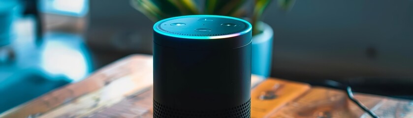 A photo of a smart speaker sitting on a wooden table. The speaker is black and has a blue light ring around the top. There is a plant in the background.