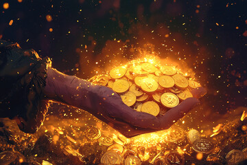 A hand is holding a pile of gold coins. Concept of wealth and abundance, as well as the idea of holding onto something valuable - obrazy, fototapety, plakaty
