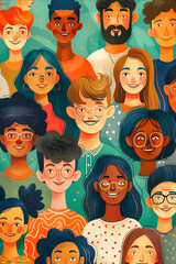 A group of people with different skin tones and facial features are smiling. Concept of unity and diversity, as people from various backgrounds come together to share a moment of happiness - obrazy, fototapety, plakaty