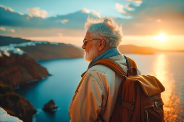 A man with a backpack is standing on a cliff overlooking a body of water. He is wearing glasses and a scarf. The scene is peaceful and serene, with the sun setting in the background - Powered by Adobe