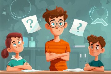 A cartoon of a man and two children sitting at a desk with a question mark on a piece of paper in front of them - obrazy, fototapety, plakaty