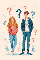 A girl and a boy are standing next to each other and looking at a question. The girl is wearing a red shirt and the boy is wearing a blue jacket - obrazy, fototapety, plakaty