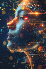A woman's face is shown in a computer generated image with a lot of glowing lines and dots. The image is abstract and futuristic, with a sense of technology and artificial intelligence - obrazy, fototapety, plakaty