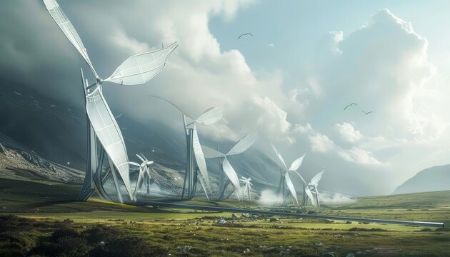A field of alien windmills surrounded by mountains.