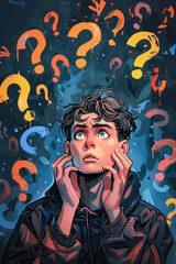 A man is looking at a bunch of questions. The image is a drawing of a man with his hands on his head, looking at a bunch of questions. The questions are scattered all over the image - obrazy, fototapety, plakaty