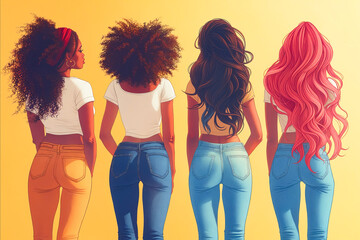 Four women with long hair are standing next to each other. They are wearing jeans and white shirts. The image has a bright and cheerful mood, with the women's long hair and colorful clothing - obrazy, fototapety, plakaty