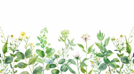Watercolor Floral Border with Green Leaves and Wildflowers Generative AI - obrazy, fototapety, plakaty