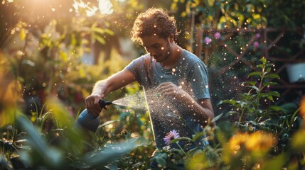 A Man Watering His Garden