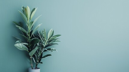 a plant in a pot on a blue wall with a green background