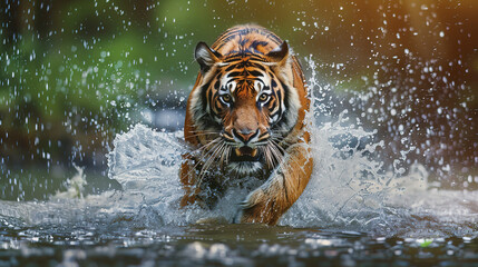 Tiger, running in water with a splash and looking at the camera
