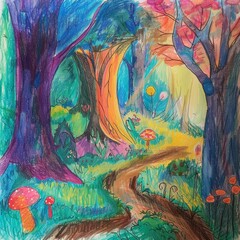 A colorful forest with a path leading through it. There are many different types of trees and plants in the forest, and the colors are very vibrant.