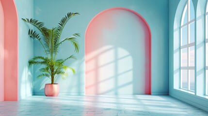 a plant in a pot in a room with arched windows and a blue wall