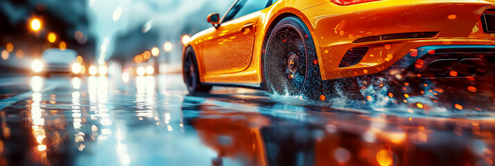 rear wheel of fast moving car with motion blur on wet slippery asphalt close-up. Luxury orange...