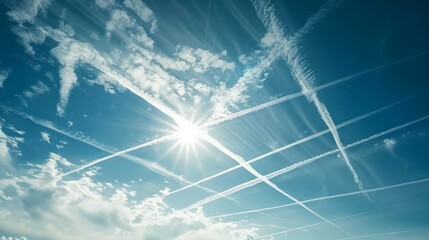 a group of planes flying through a blue sky with contrails