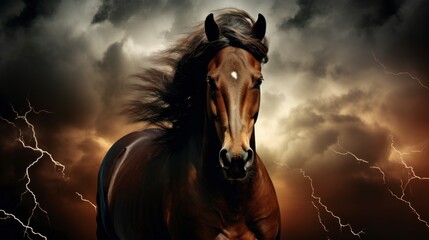  A horse is seen running in a storm with lightning flashing in the background. The horse appears to be in motion, its mane and tail flowing in the wind as it gallops through the stormy weather. - obrazy, fototapety, plakaty