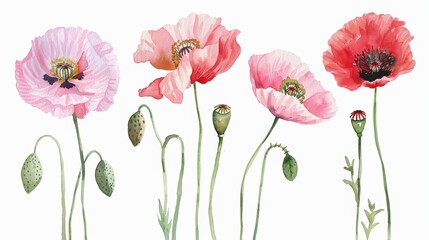 Vibrant Poppy Flowers on White Background Generative AI