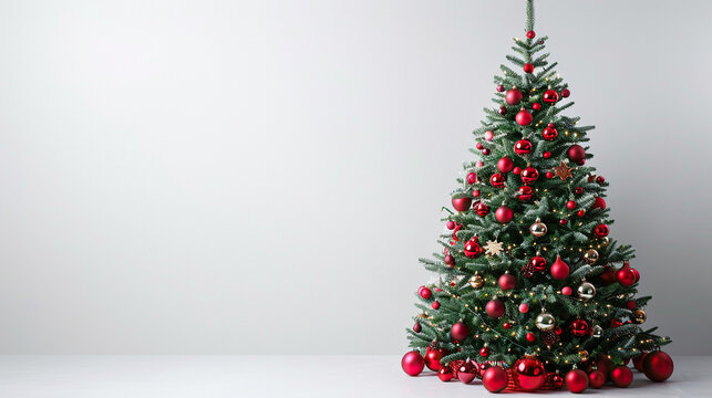 Christmas tree with red decor balls in the white room, copy space for text, greeting cards , art, portraits 