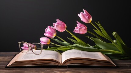 open book with pages turning, accompanied by books and glasses on a wooden table against a striking black backdrop, accented with vibrant pink tulips.