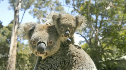 Portrait of mother and baby koala in the forest being carried