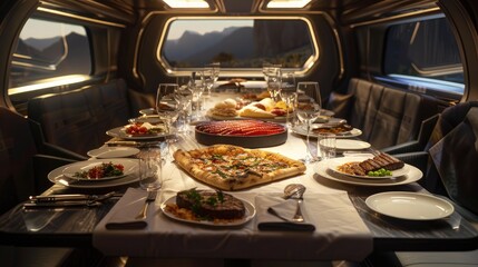 Fototapeta premium a modern high-speed rail train table adorned with a tablecloth, featuring tantalizing Western cuisine such as steak and pizza spread across it, enticing passengers with a feast on the move.