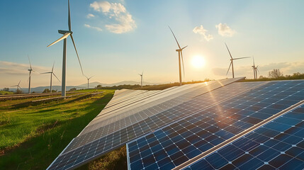 Solar Farm and Wind Turbines Stand Tall against Blue Skies