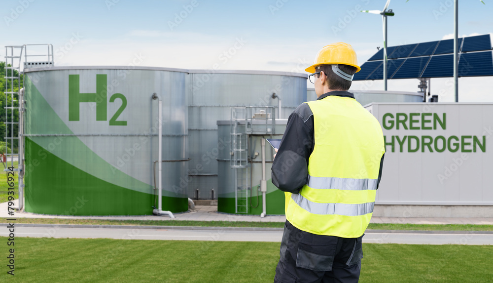 Wall mural green hydrogen factory concept. hydrogen production from renewable energy sources