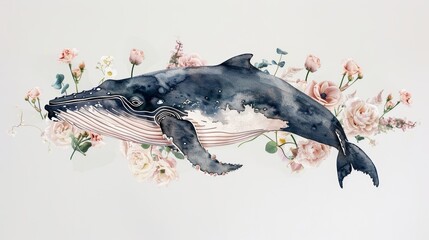 Fototapeta premium Whale Surrounded by Colorful Flowers on White Generative AI