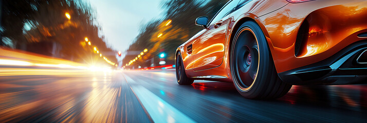back rear wheel of fast moving car with motion blur. Luxury orange sports car