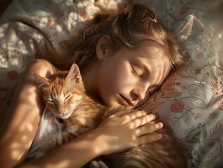 A girl is sleeping with her cat on her bed