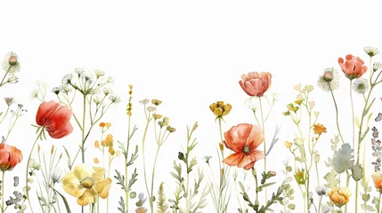 Fotobehang Botanical Frame with Wild Flowers on White Background Generative AI © Alex
