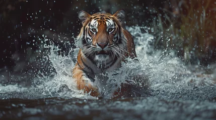 Fotobehang Tiger, running in water with a splash and looking at the camera © Sergio