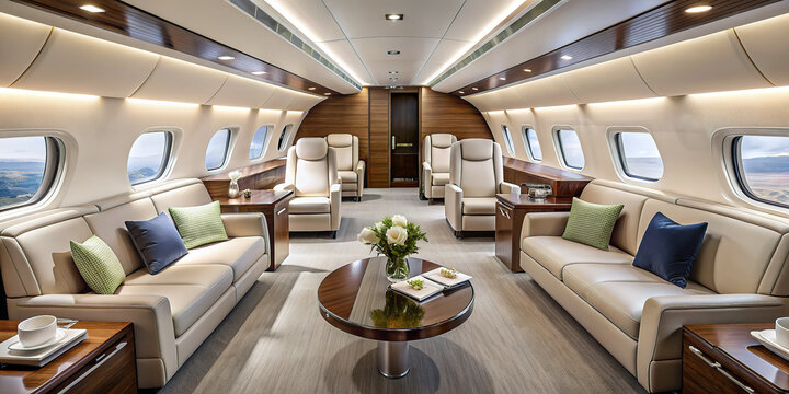 Inside the luxury private jet is a spacious cabin with plush leather seats and wooden bumpers.The windows let in plenty of natural light, enhancing the elegance of the luxury design.AI