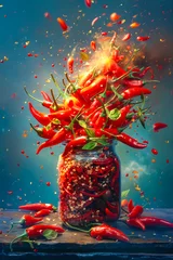 Fotobehang A jar full of red peppers is on a table © valentyn640